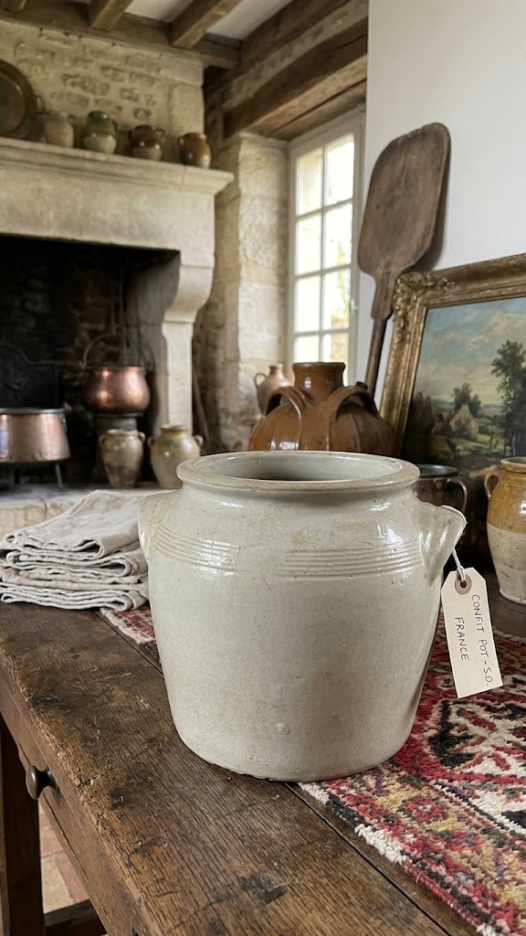 19th-Century Antique French Grey Glazed Confit Pot