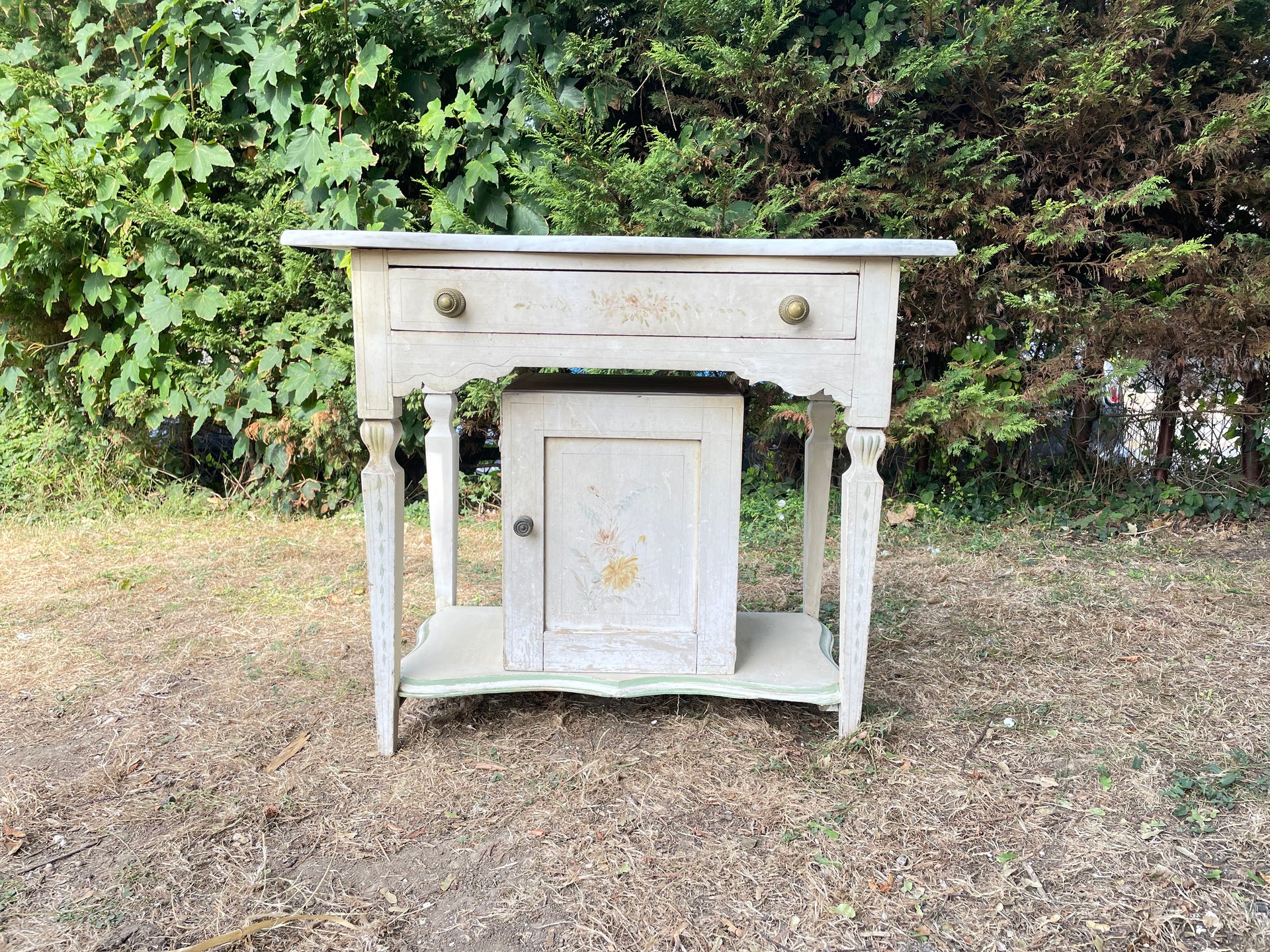 French Painted Marble-Top Washstand / Side Table (c. 1920s) Floral Decoration