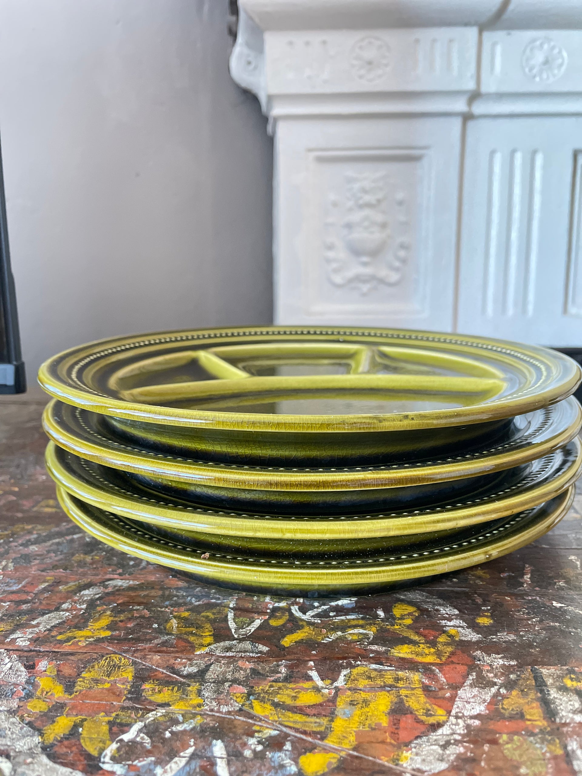 Mid-Century Olive Green Fondue Set | Segmented Plates | Four (4) Available