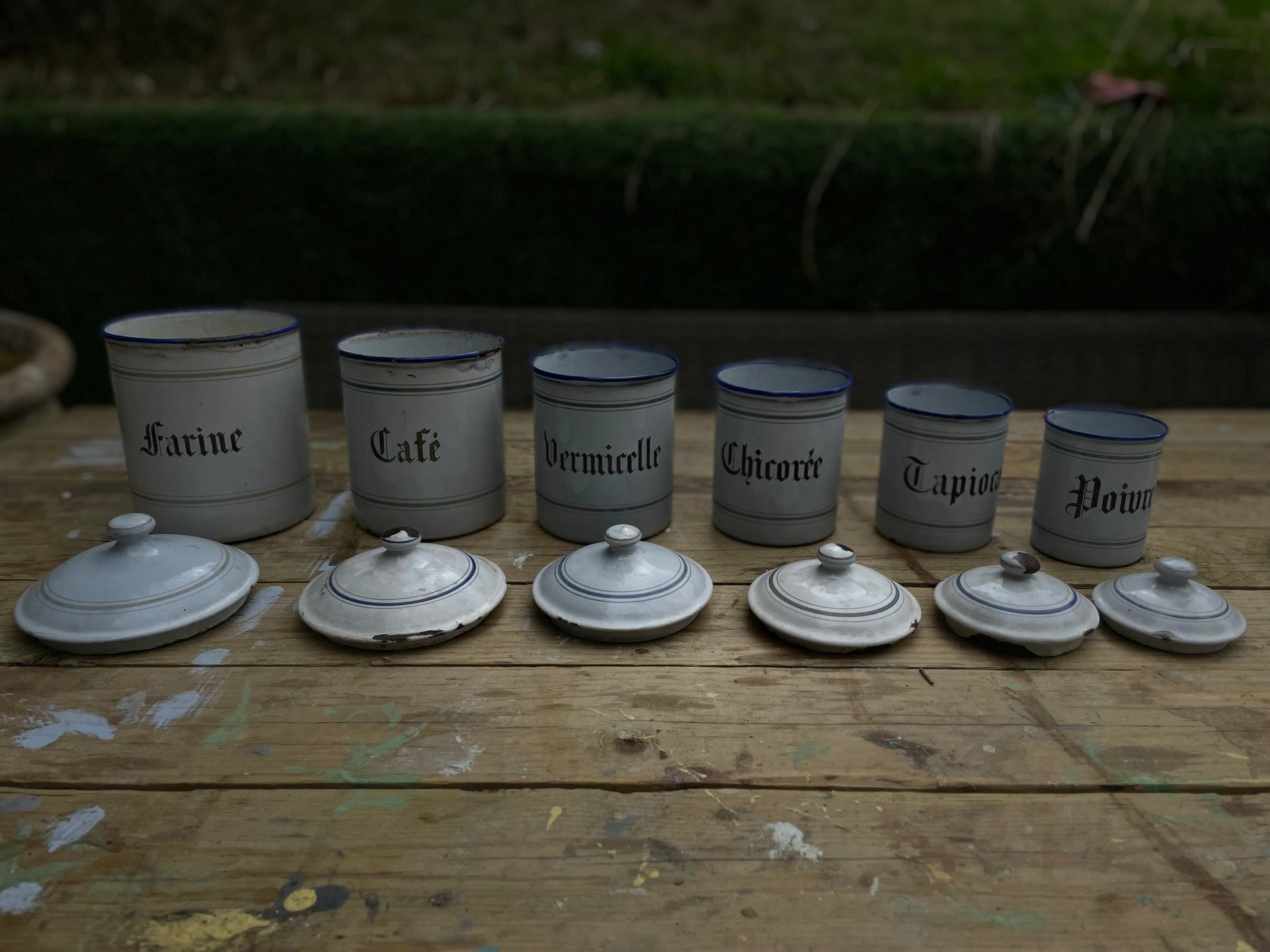 Set of 6 Antique French Enamel Kitchen Canisters / 'Émaillerie Parisienne' Stamp / Blue & Whit