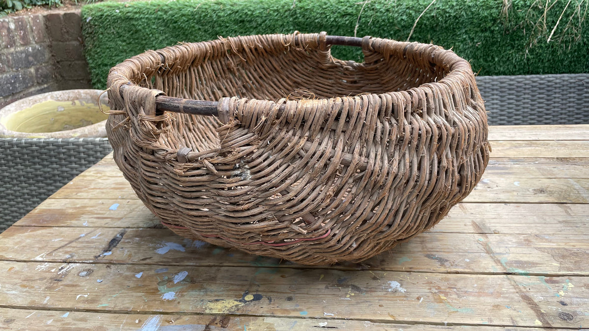 Vintage French Woven Log & Harvest Basket — Rustic Wicker Panier