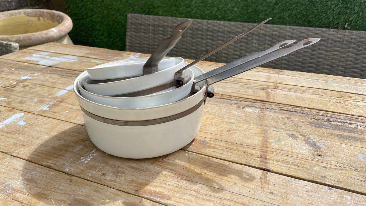 Set of 4 Vintage French Porcelain Saucepans / Glazed Ceramic Cookware / Wrought Iron Handles