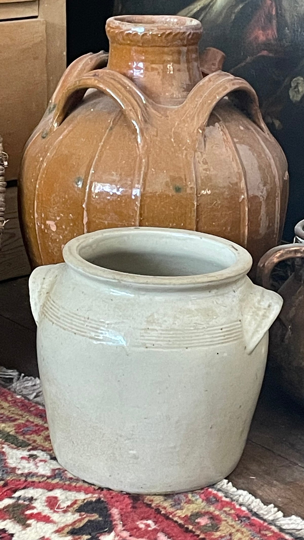 19th-Century Antique French Grey Glazed Confit Pot