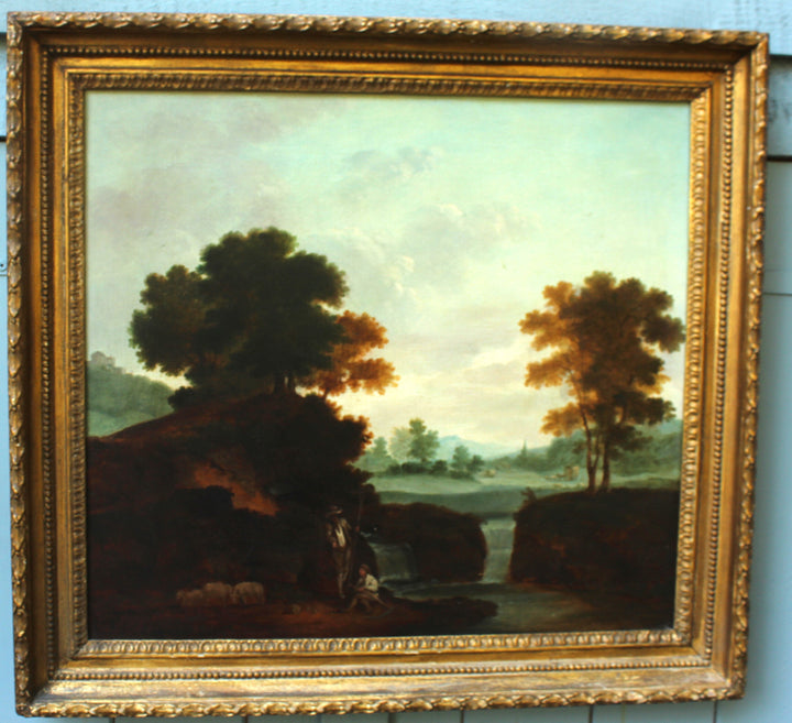 Italianate river landscape painting with waterfall and pastoral figures, circle of Richard Wilson
