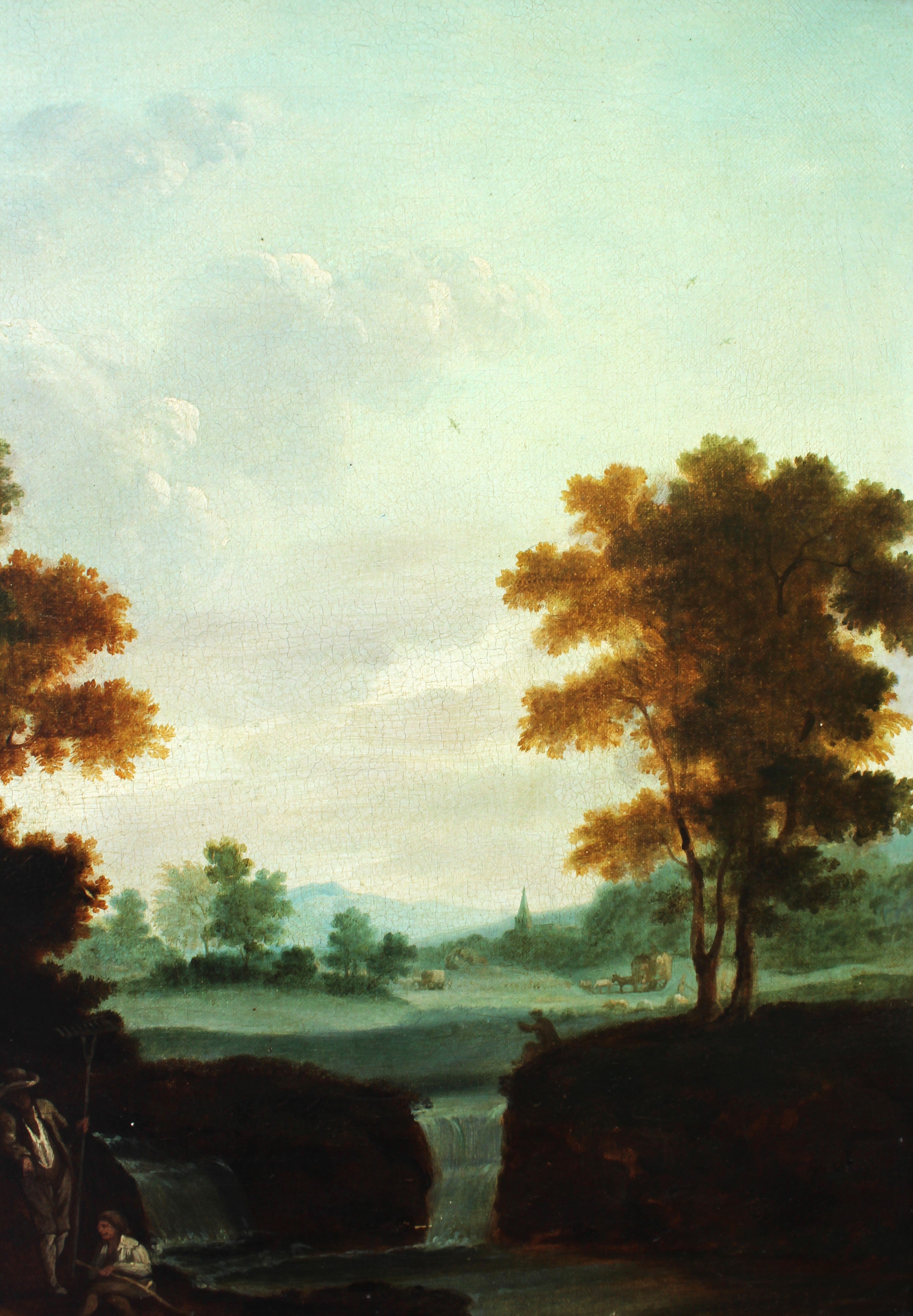 Late 18th century British Italianate landscape with figures, trees and distant hills