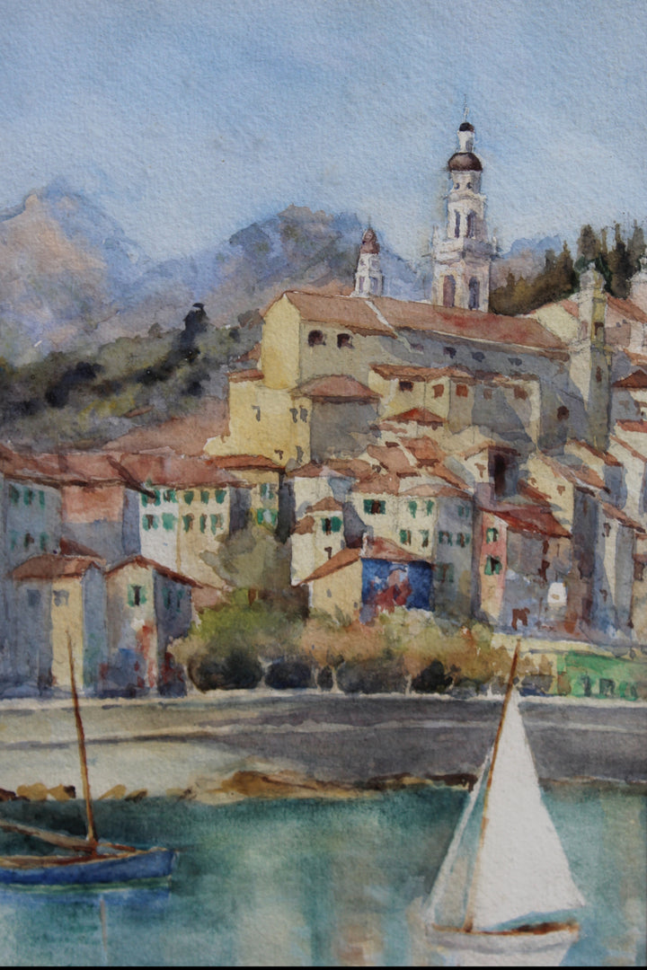 Mid-century Mediterranean seascape watercolor painting Sussex
