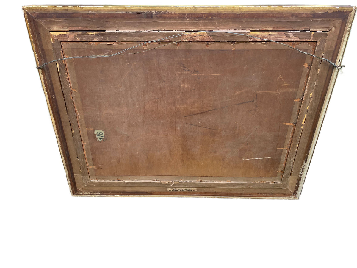 Full reverse view of the monumental antique oleograph after Paul Flickel showing its backing and frame construction