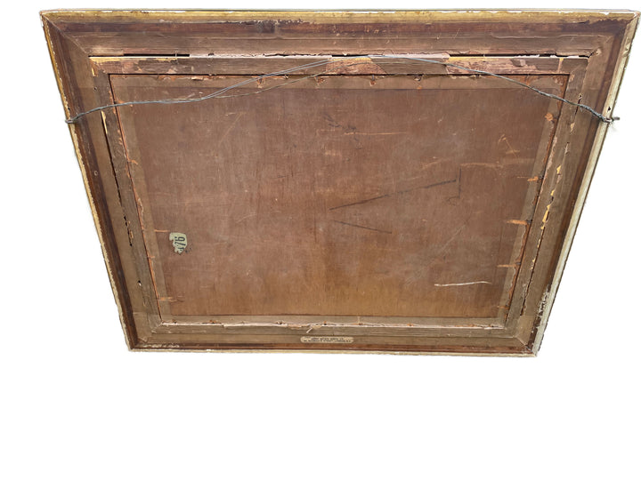 Full reverse view of the monumental antique oleograph after Paul Flickel showing its backing and frame construction
