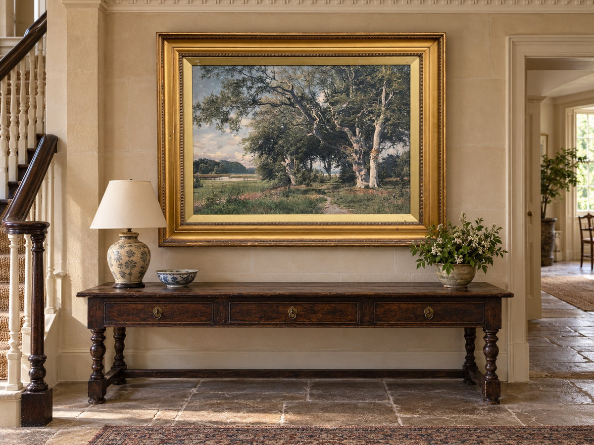 Monumental late Victorian woodland landscape oleograph after Paul Flickel in a substantial gilt frame