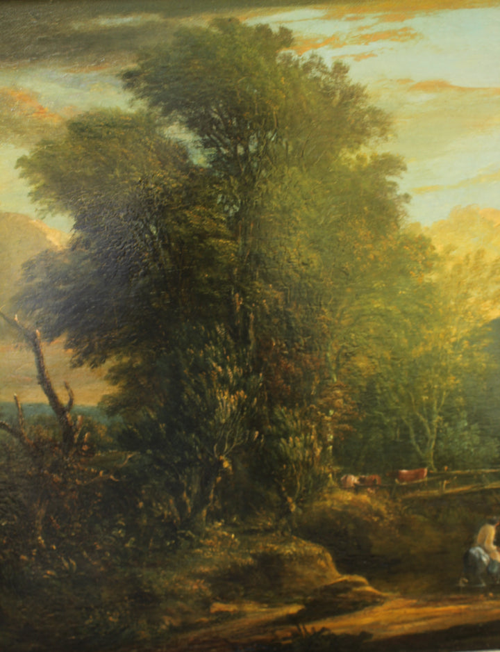 Oil on oak panel landscape painting with woodland and reflective water