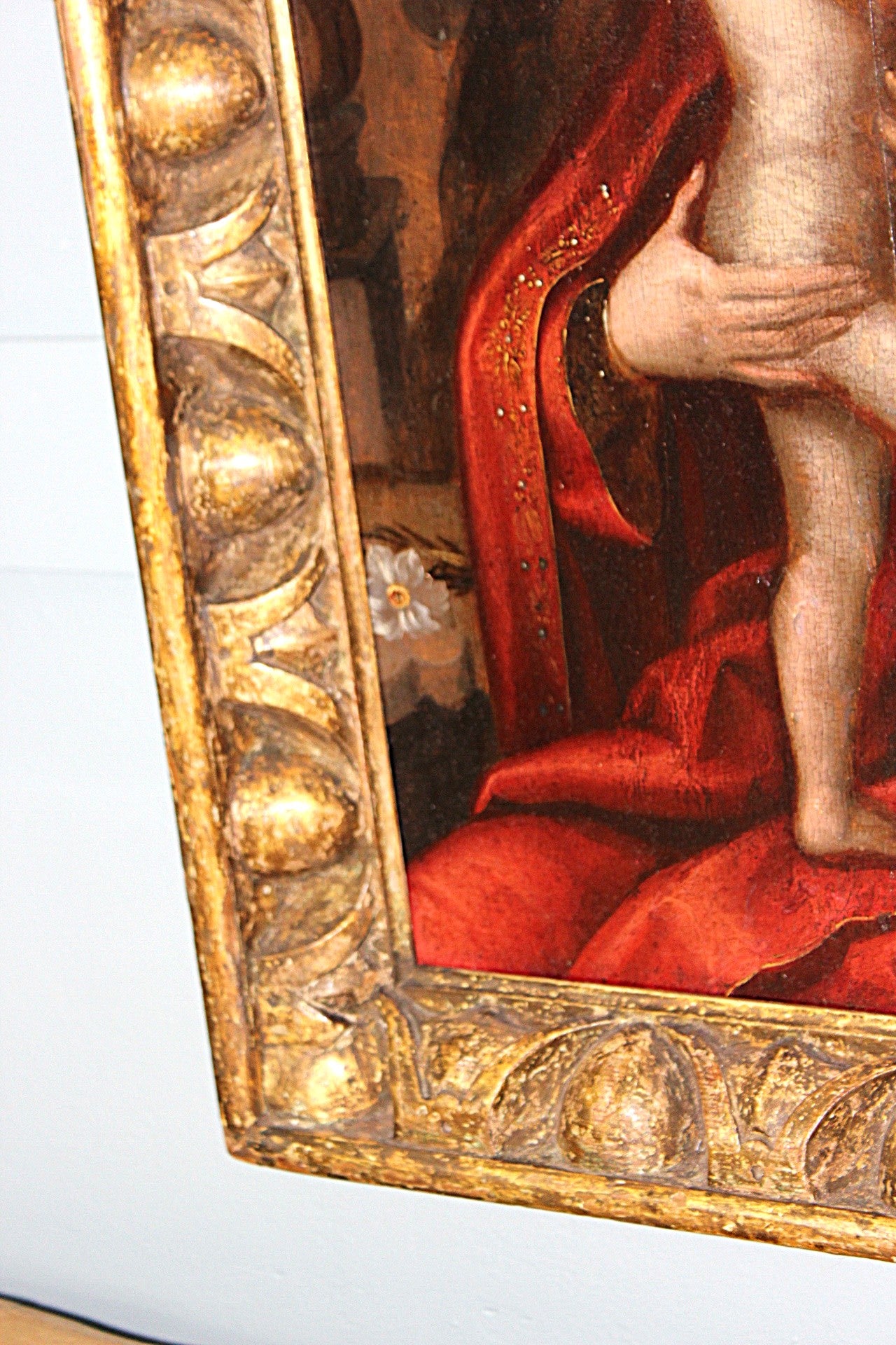 Old Master religious artwork of Virgin Mary and Jesus in a rose garden vintage mid century Sussex