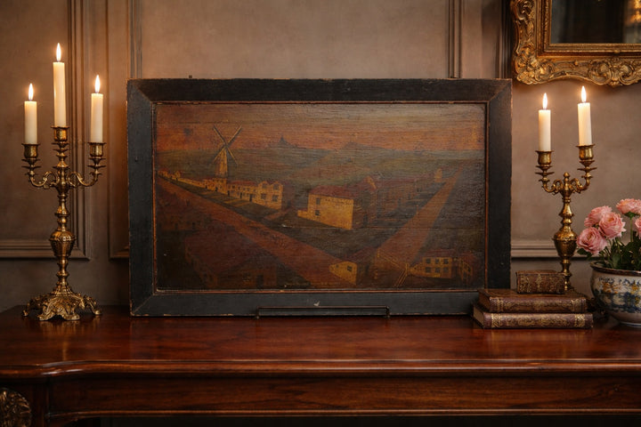 Pair_of_18th_century_naive_East_Sussex_village_paintings_in_antique_interior_setting
