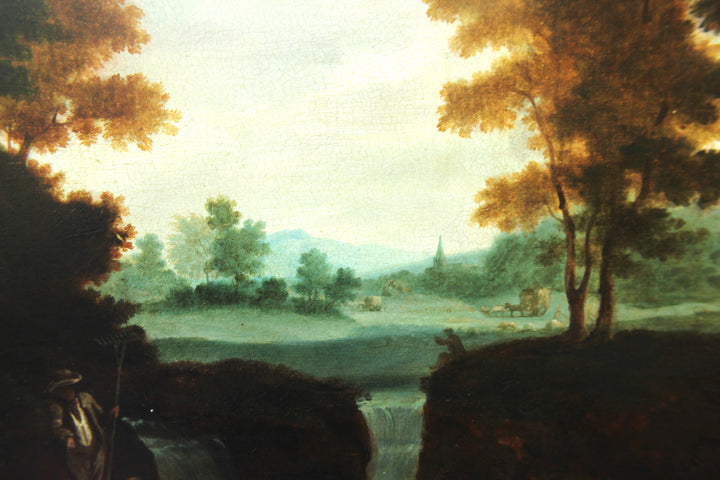 Pastoral scene with cart and livestock in 18th century oil painting