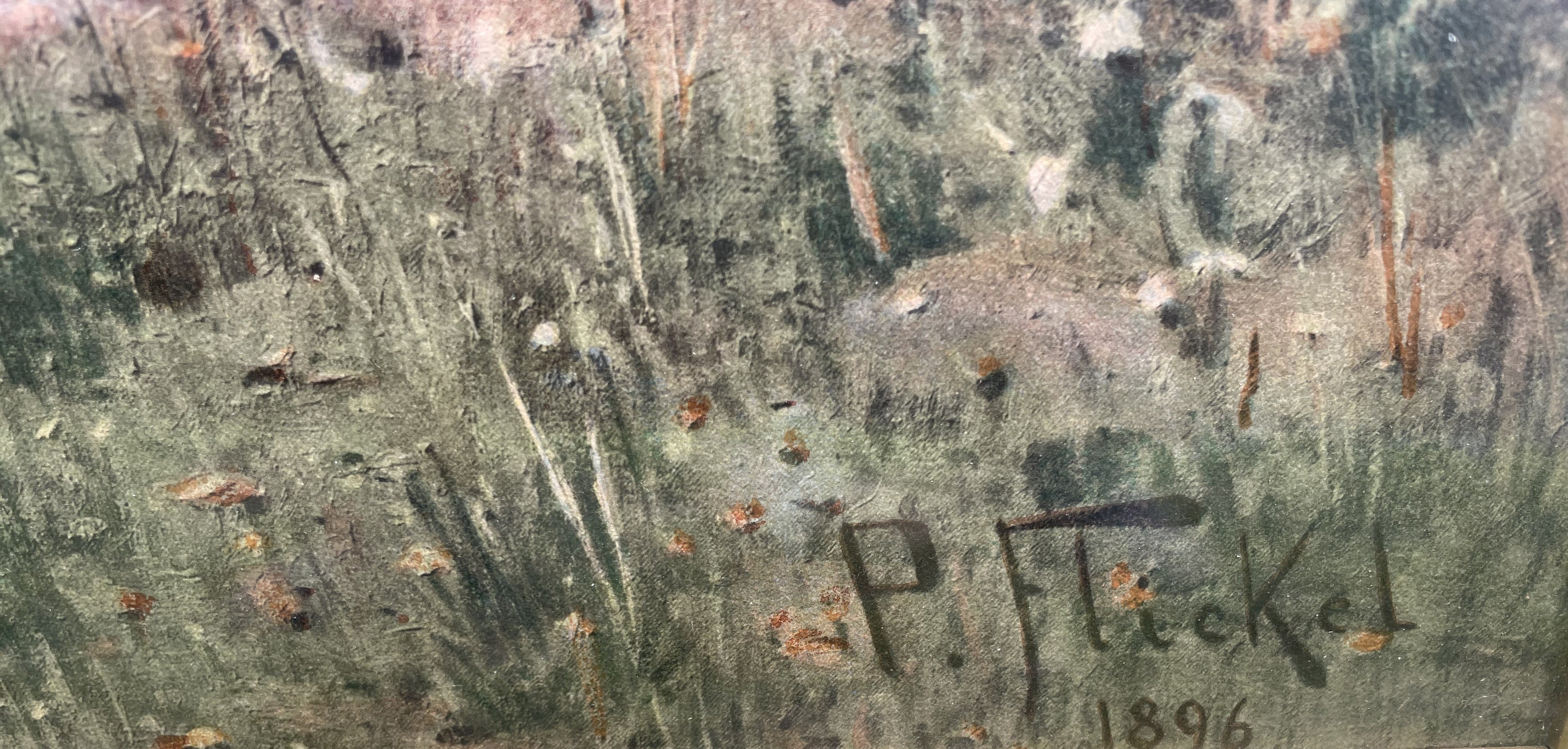 Detail of the printed P Flickel signature and date within the lower corner of the landscape
