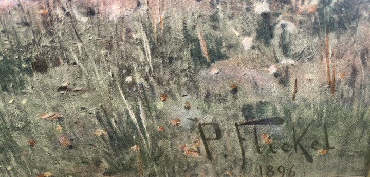 Detail of the printed P Flickel signature and date within the lower corner of the landscape