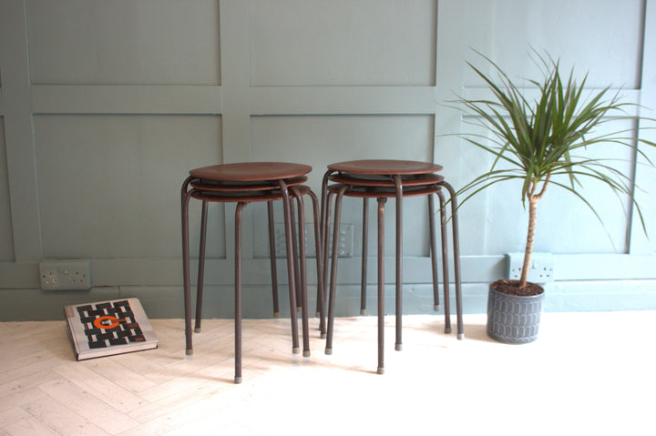 Refurbished teak top stool with enameled metal legs, Danish design