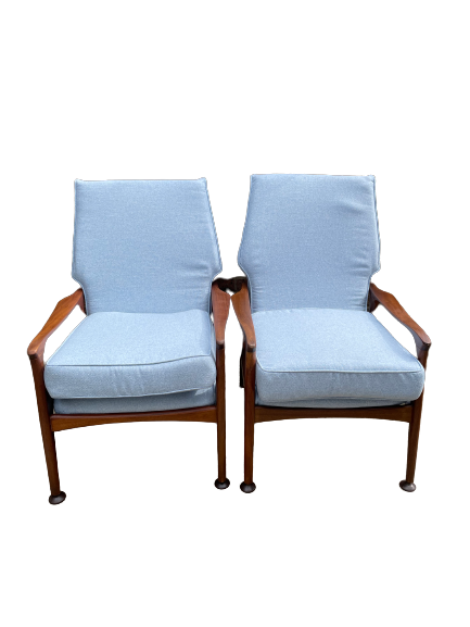 Restored teak chairs with woven wool upholstery
