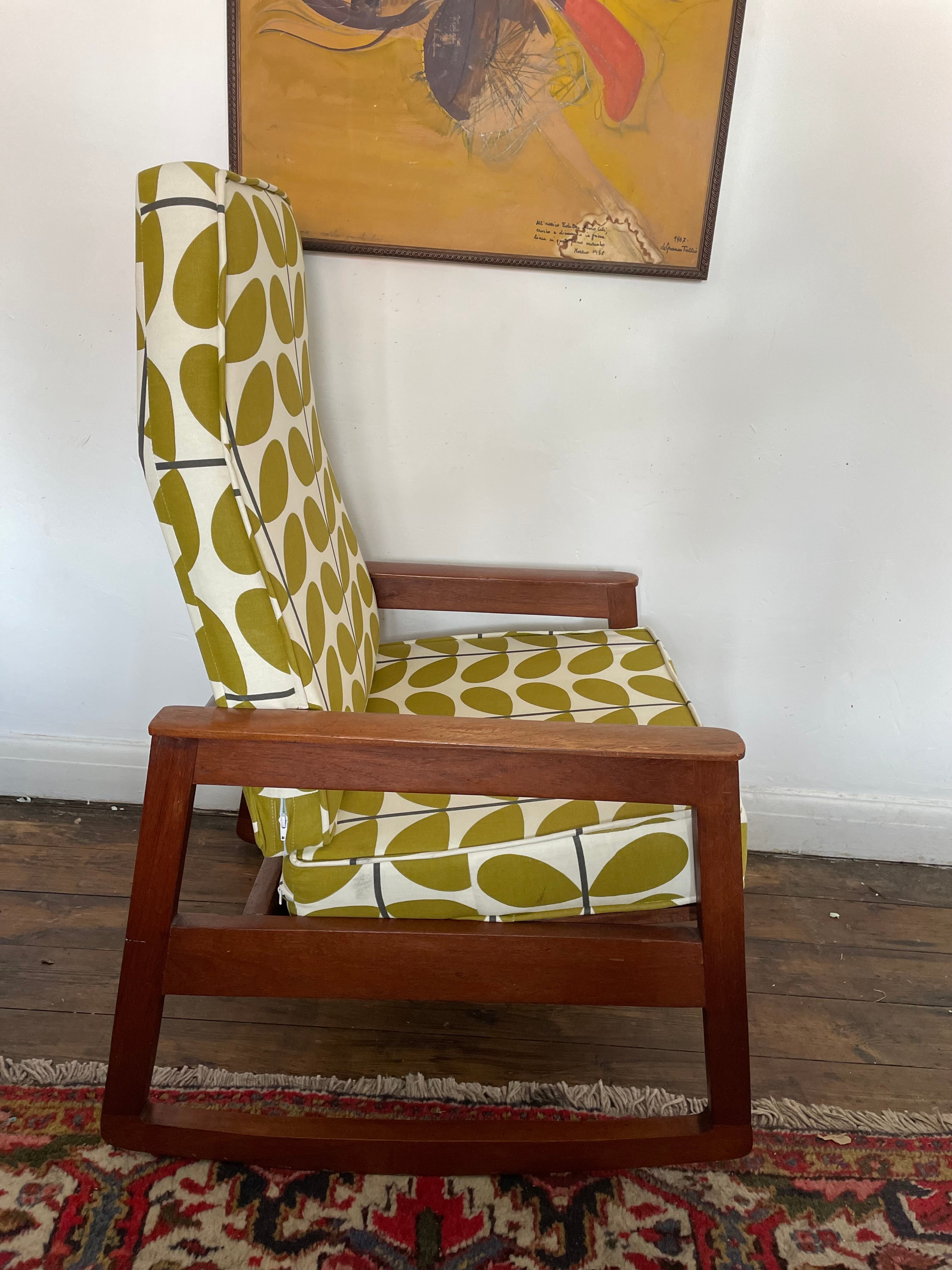 Retro Scandinavian rocking chair with new upholstery, 1960s Danish design side view 