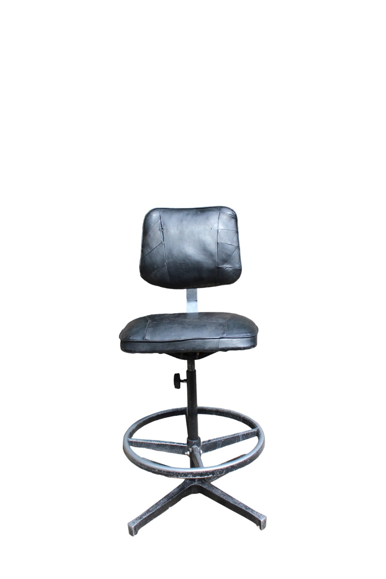 Retro industrial machinist chair with chrome backing plate and steel base