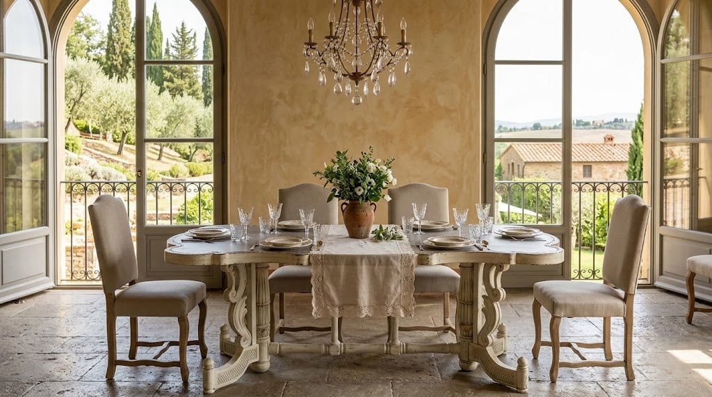 A classic French provincial style dining table set with six upholstered chairs, set with glassware and a floral centerpiece in a sunlit room with arched windows overlooking a vineyard.