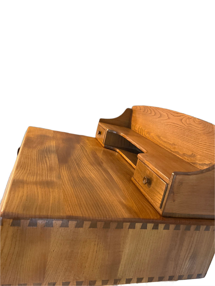 Side angled view of Ercol Model 439 writing desk, mid century design
