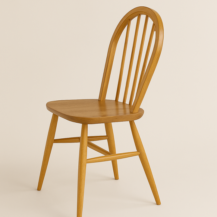 Side view of Ercol Windsor chairs in natural wood tones