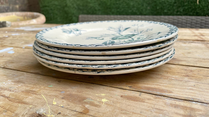 A stack of six plates with a blue and green botanical pattern on an off-white background, resting on a rustic wooden table
