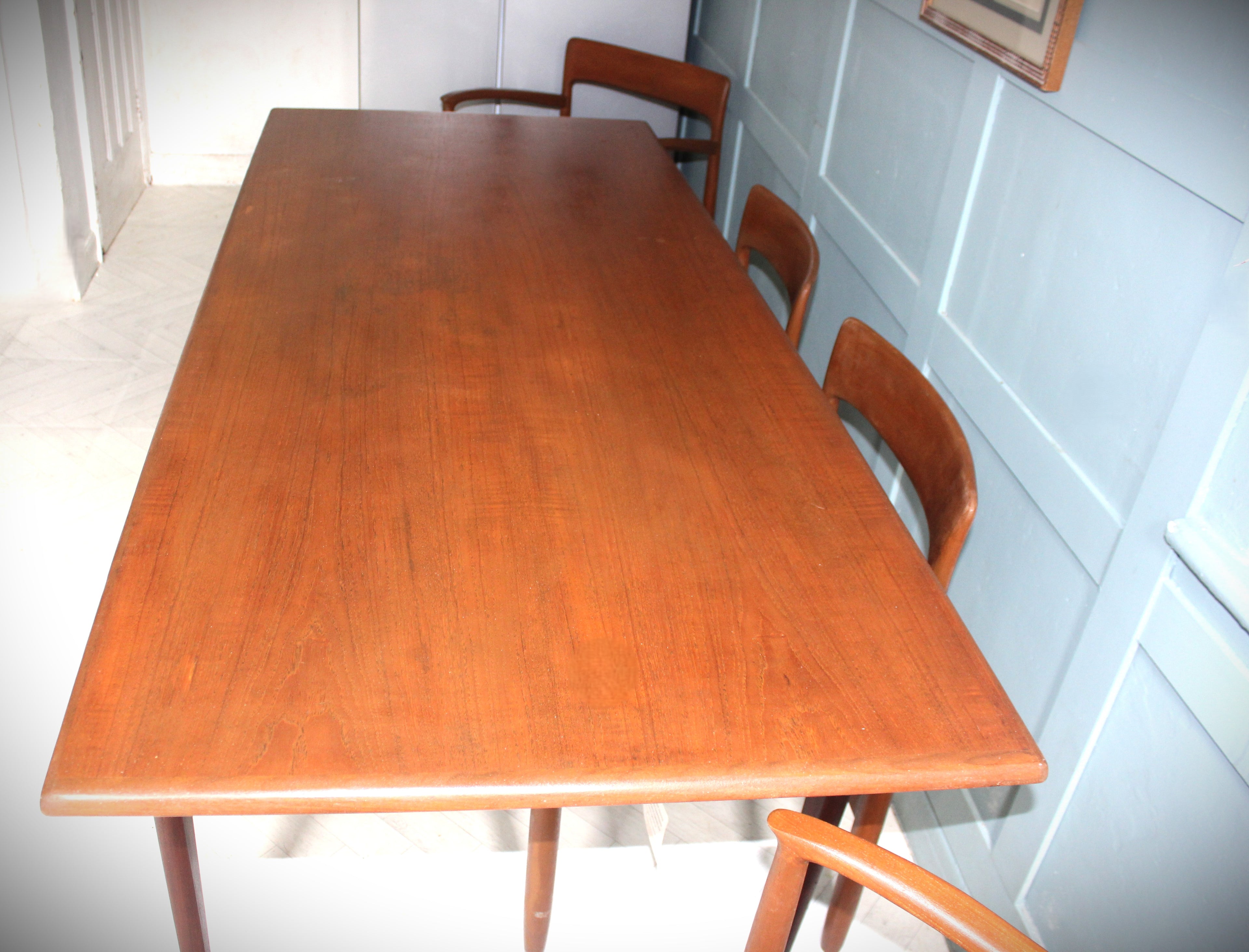 Solid teak mid-century dining chairs with ergonomic backs – restored and reupholstered