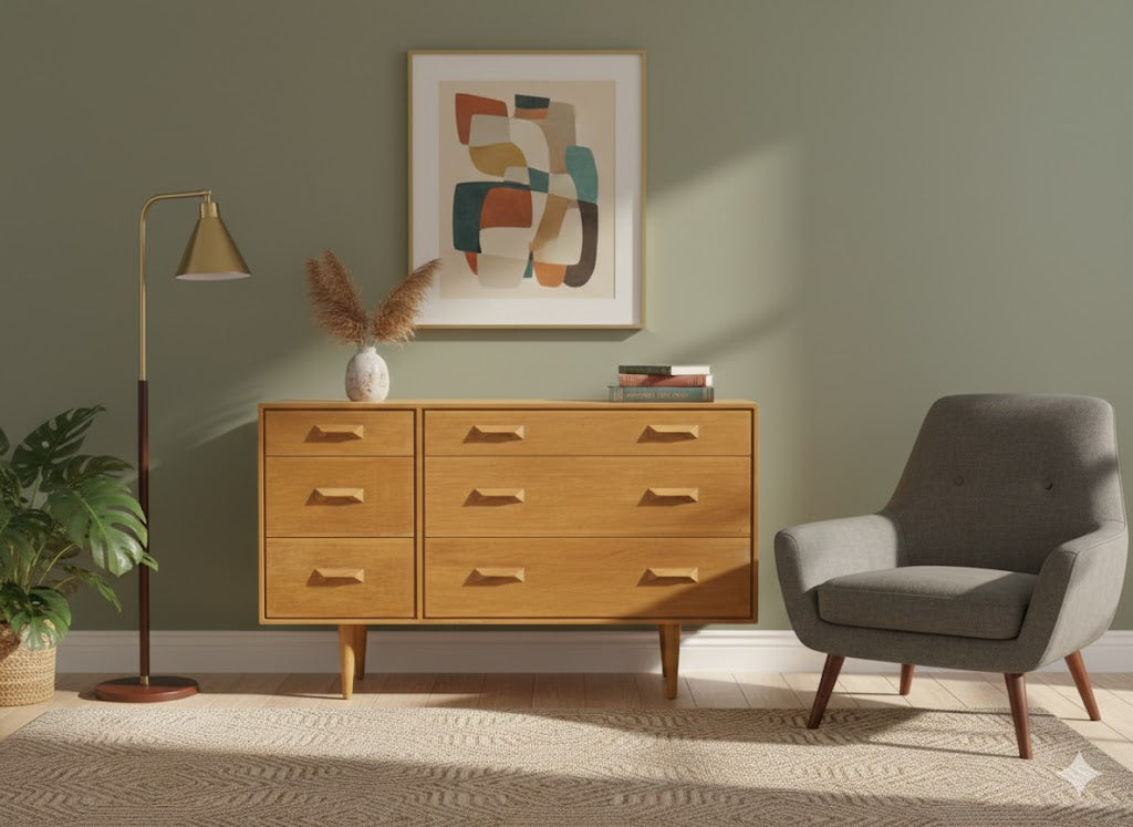 Stag chest of drawers with a grey armchair and abstract art in a room.
