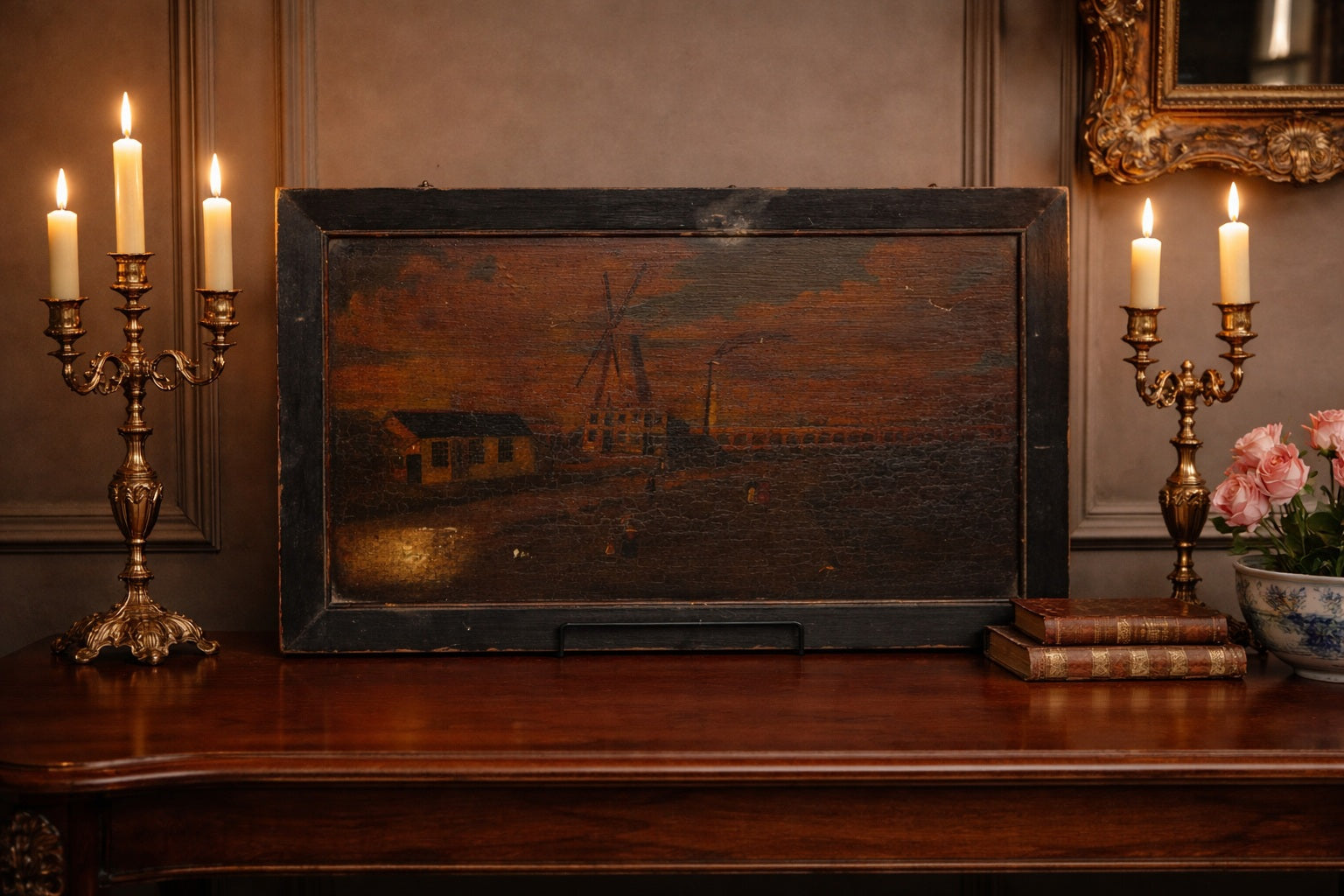 Staplecross_Sussex_vernacular_village_landscape_paintings_with_windmill_displayed_on_mahogany_console