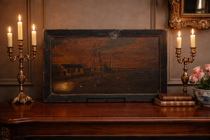 Staplecross_Sussex_vernacular_village_landscape_paintings_with_windmill_displayed_on_mahogany_console
