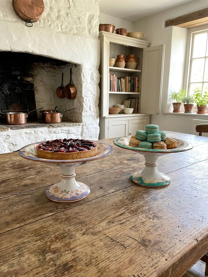 Two vintage floral ceramic cake stands holding a berry tart and green macarons