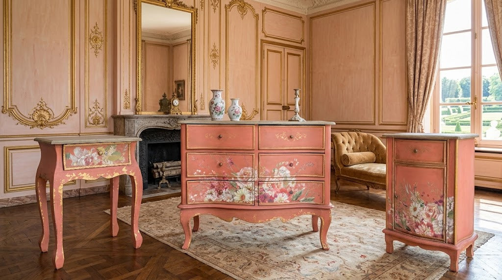 set of three ornate pink painted wooden furniture pieces with floral accents, displayed in a luxurious, classic French-style room with gold paneling, a fireplace, and a large window.