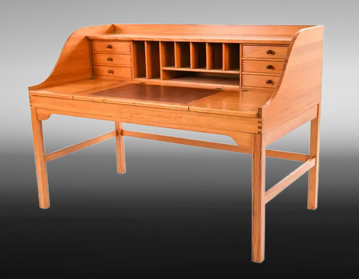 Vintage Danish pine desk with leather writing surface