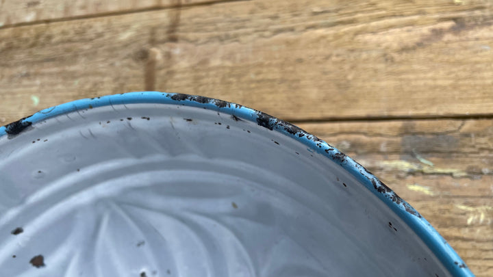 A close-up of a distressed enamel bowl with a light blue rim and a white interior, showing signs of wear and dirt, set against a rustic wooden plank background.
