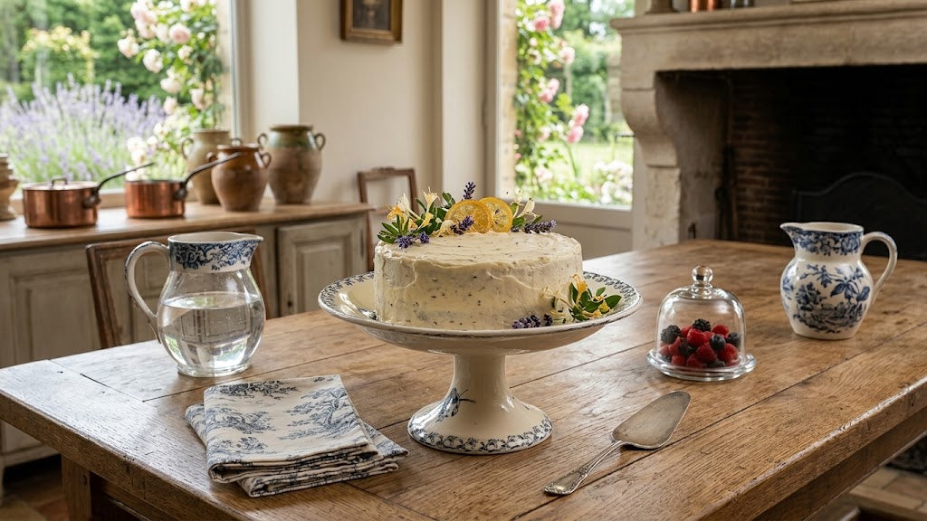 A vintage French honeysuckle transfer ware patterned  cake stand, set on a rustic wooden table in a cozy kitchen with matching blue-and-white ceramic pitchers and a glass dome of fresh berries.
