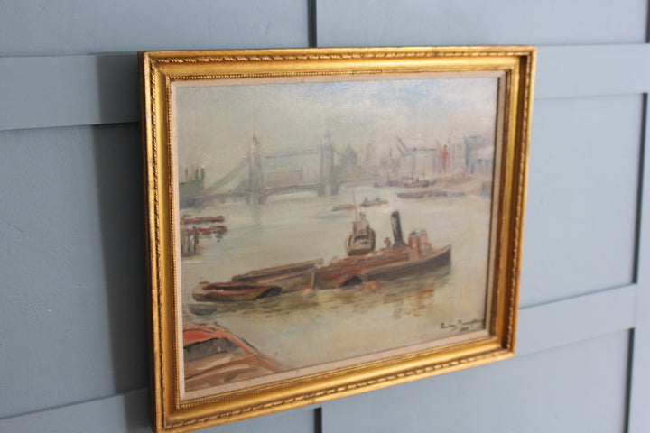Vintage London harbor art featuring tugboats