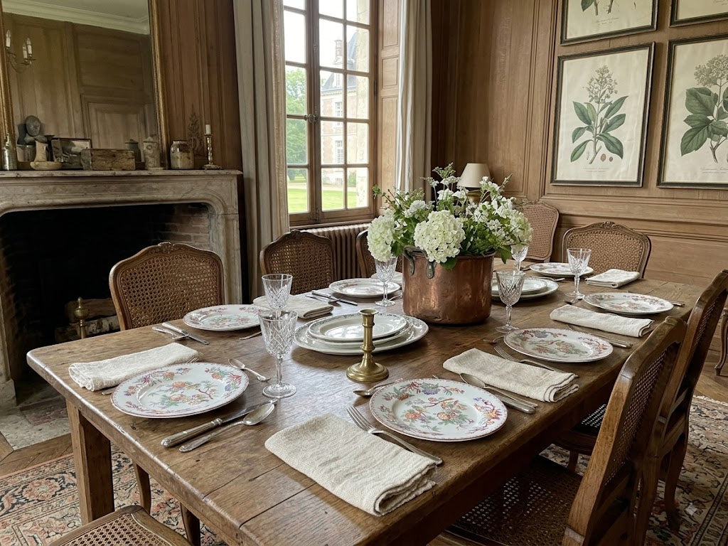 A rustic wooden dining table set with floral-patterned plates, folded cream linen napkins, crystal glasses, and a copper flower pot filled with white flowers, set in a traditional wood-paneled dining room.