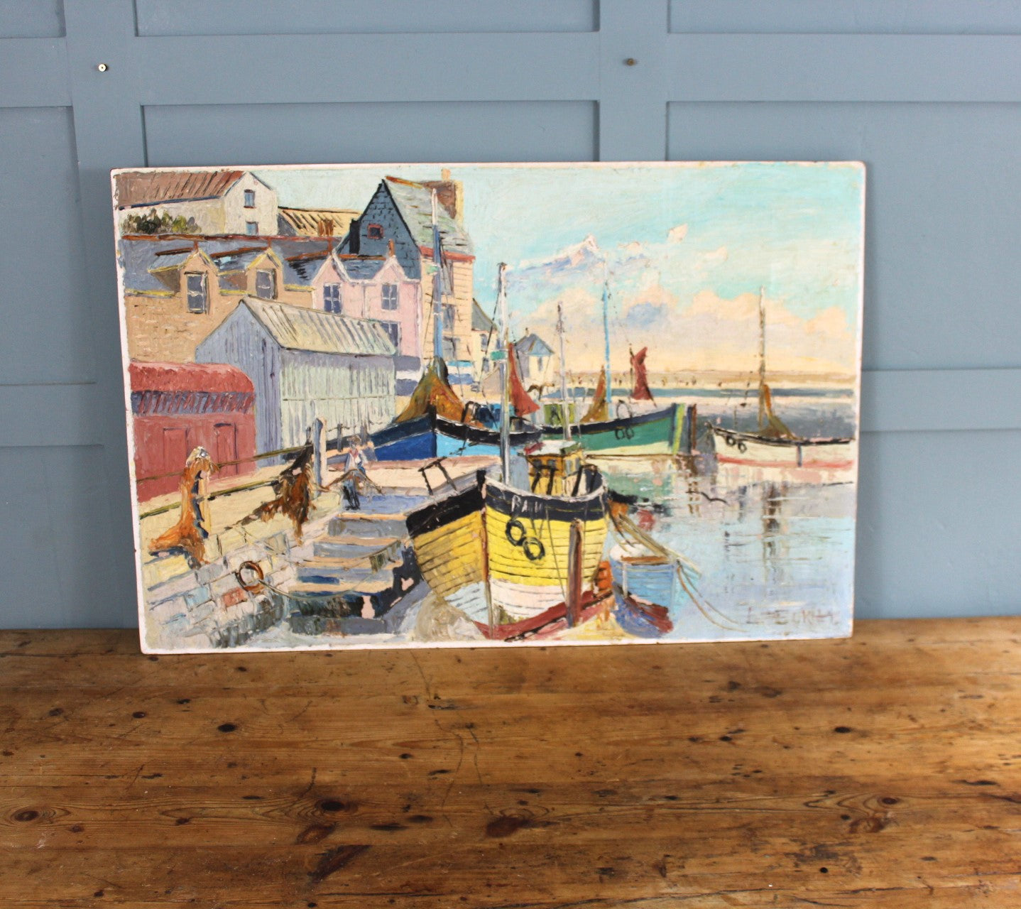 Vintage South of France Harbour Scene Oil Painting