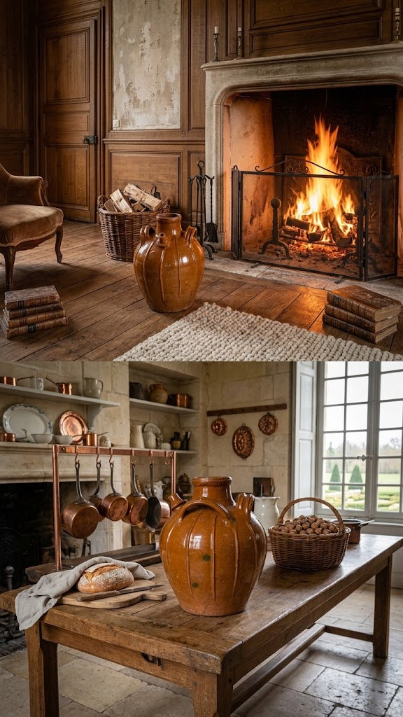 A rustic interior scene with a large brown ceramic jug on a wooden table in a kitchen, and another matching jug near a fireplace in a living room. The scene includes wood paneling, a burning fireplace, shelves, hanging copper pots, bread, and baskets.