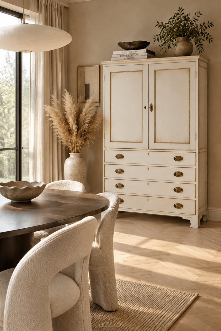 white painted wooden hutch or cabinet with five drawers and brass oval handles, shown with the upper door open to reveal wooden shelves inside