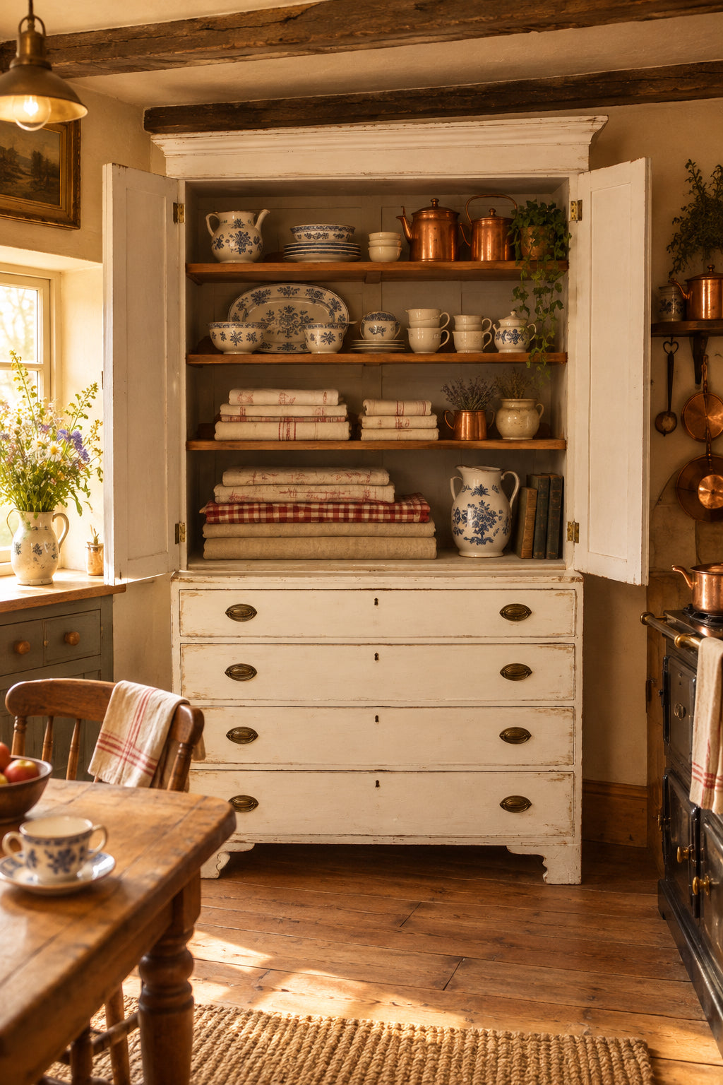A white wooden hutch or cabinet with five drawers and brass oval knobs, featuring open doors with four wooden shelves inside, photographed in a room setting.