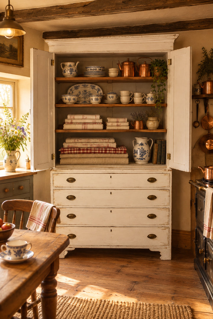 A white wooden hutch or cabinet with five drawers and brass oval knobs, featuring open doors with four wooden shelves inside, photographed in a room setting.