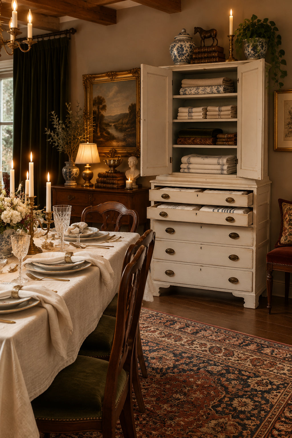 A distressed white wooden chest of drawers with four drawers and brass oval handles, positioned in front of a matching white cabinet with open shelves