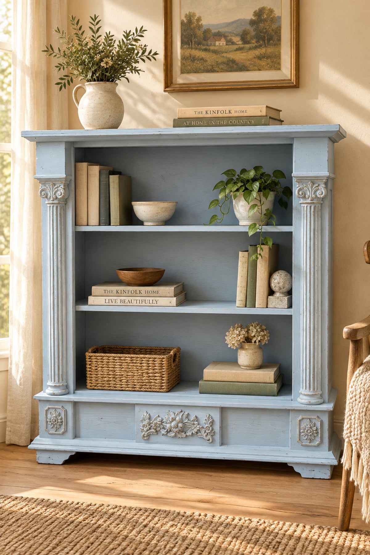 A light blue painted wooden bookcase with decorative classical columns and a carved floral panel at the bottom