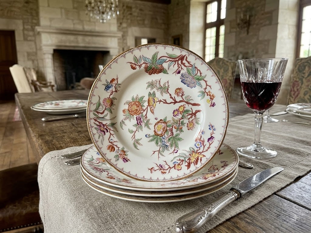 Vintage Sarreguemines Minton French Faience Dessert / Salad Plates – Chinoiserie Bird & Botanical Pattern #252 (Set of 8)