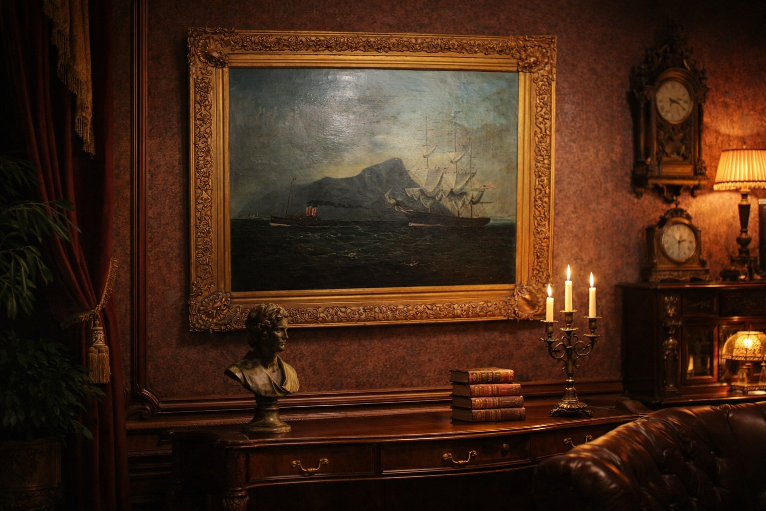 antique_seascape_painting_American_flag_sailing_ship_Gibraltar_coast
