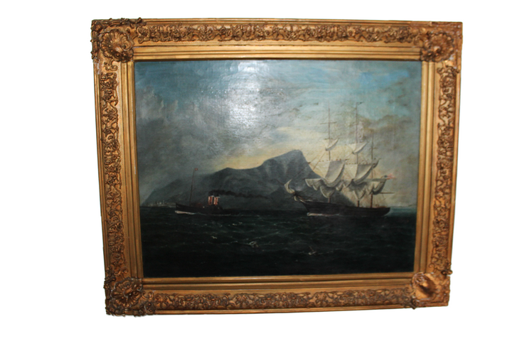 coastal_interior_wall_art_vintage_ship_painting_gilt_frame