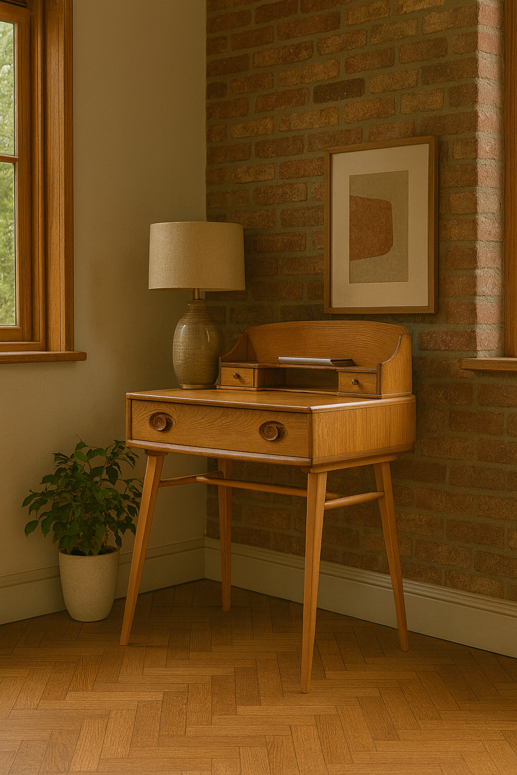 ercol Wooden desk with lamp against a brick wall