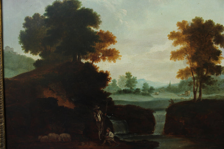 etail of Italianate landscape painting showing waterfall and figures in foreground